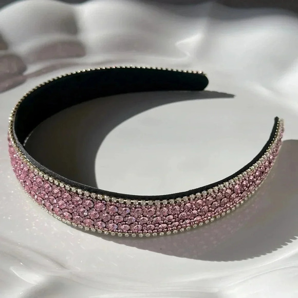 Accessories - Wide & Flat Light Pink Crystal Rhinestone Headband